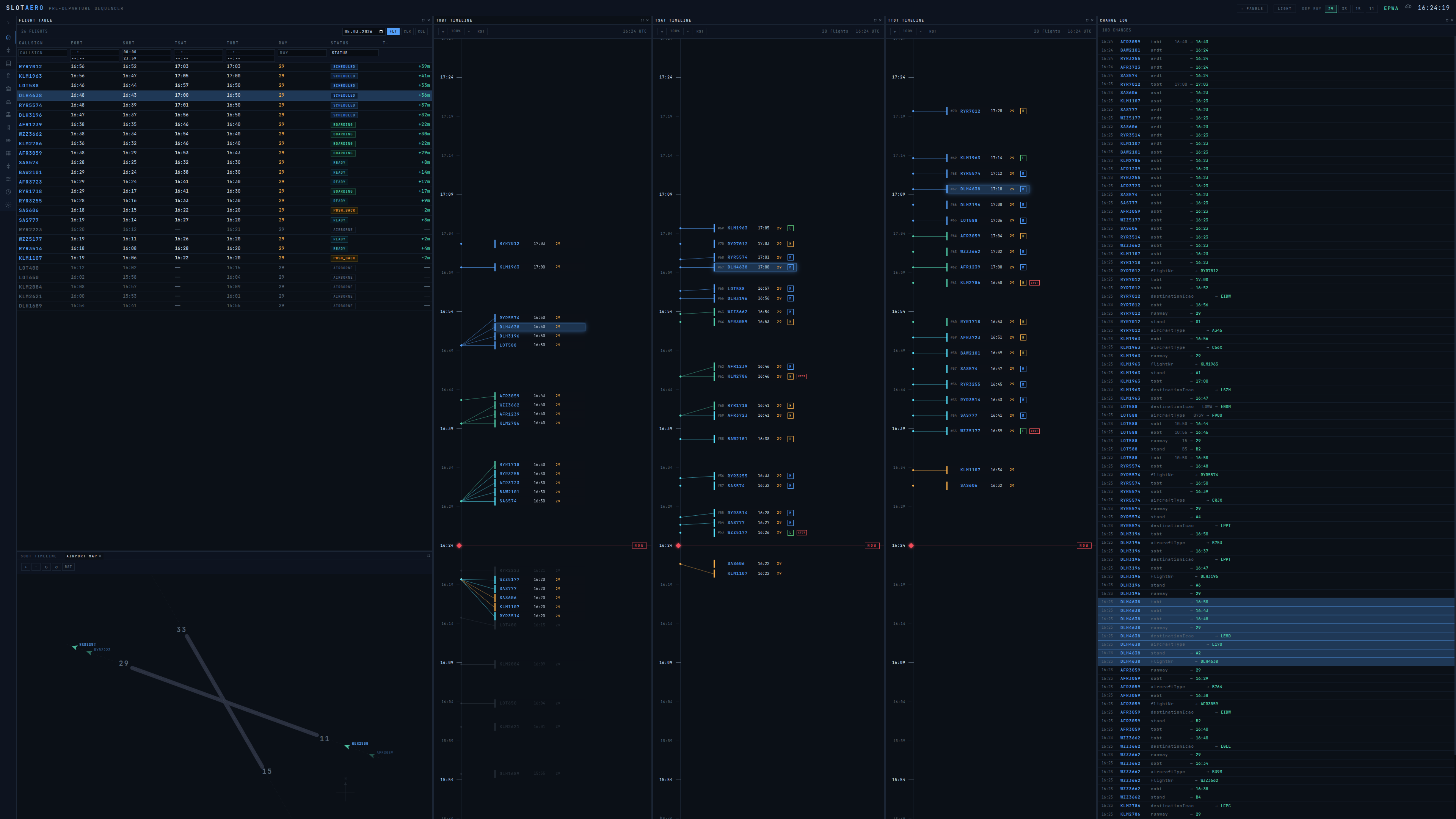 SlotAero dark theme dashboard showing flight table, taxi timeline, and runway sequence